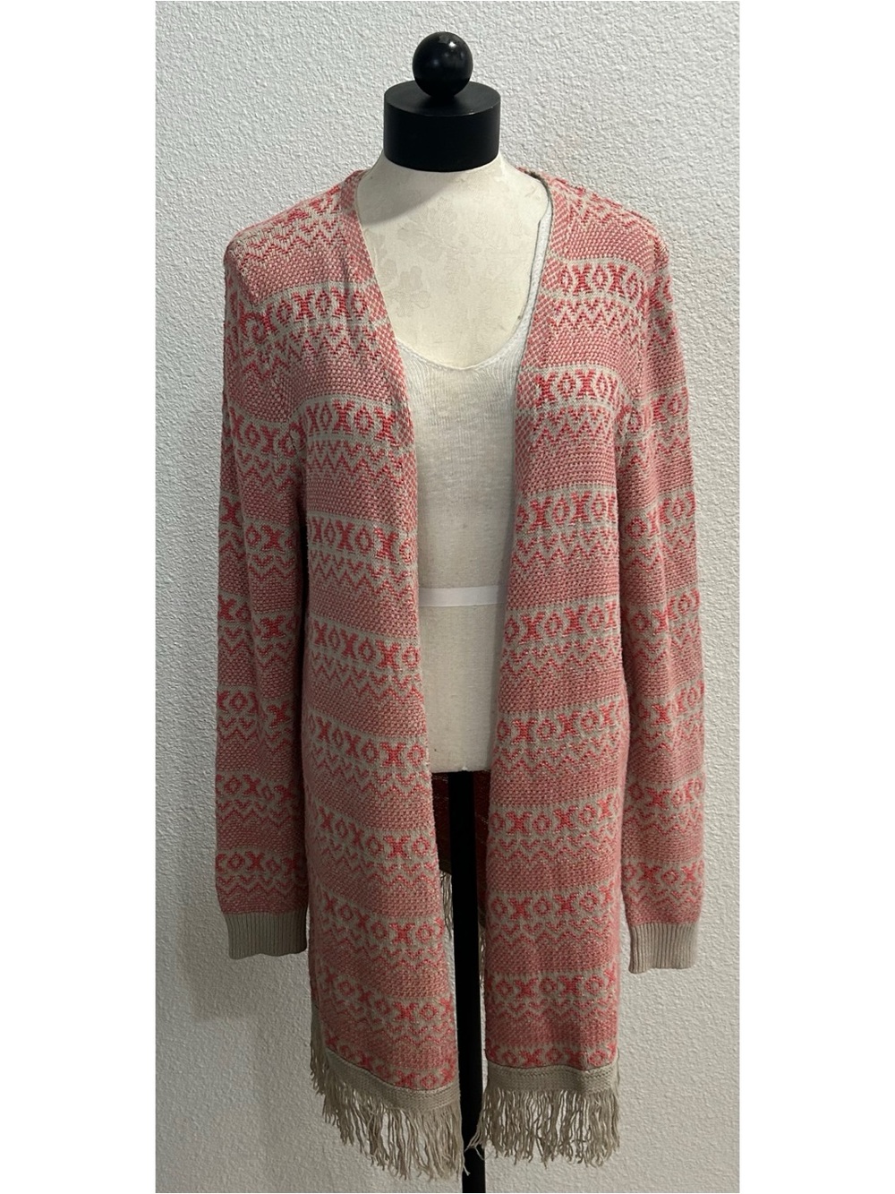 Natural Reflections Women’s Open Cardigan Size XXL Pink Beige Fair Isle Fringe